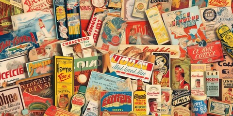Montage of vintage advertisements magazines and posters with bright and bold colors, concept of retro style and nostalgic memories, concept of Retro Revival, created with Generative AI technology - obrazy, fototapety, plakaty