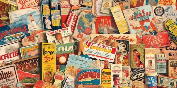 Montage of vintage advertisements magazines and posters with bright and bold colors, concept of retro style and nostalgic memories, concept of Retro Revival, created with Generative AI technology