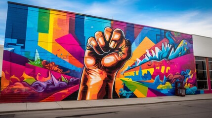 Bold LGBTQ Pride Mural with Powerful Fist and Symbolic Imagery. Generative AI.
