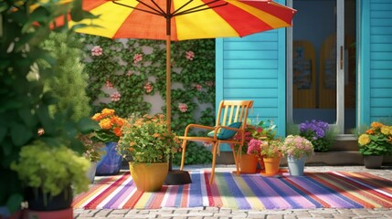 Fototapeta na wymiar Bright and Colorful Patio with Striped Umbrella and Flower Pots. Generative AI.
