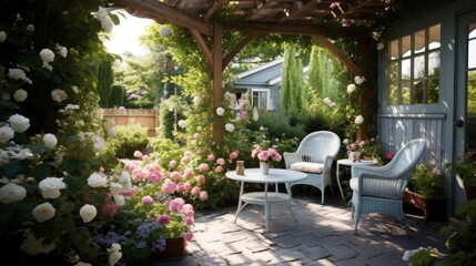 Fototapeta premium Charming Cottage Style Patio with Wicker Furniture and Climbing Plants. Generative AI.