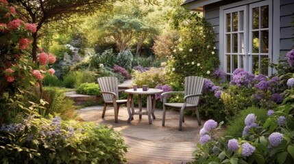Charming Cottage Style Patio with Wicker Furniture and Climbing Plants. Generative AI.