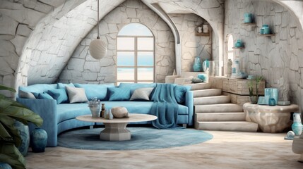 Fototapeta premium Coastal underground bunker with beach house decor and lounge area. Generative AI.