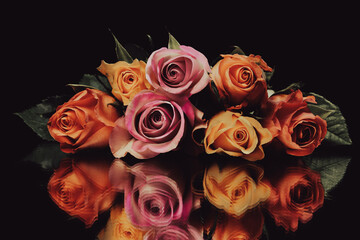 Beautiful Vintage Bouquet of roses and flowers with a filter over, used for love and passion and wedding bells. Shot on a reflective surface in a studio with a dark black background. 