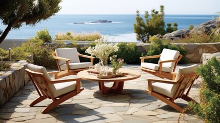 Contemporary Coastal Patio with Teak Furniture and Ocean View. Generative AI.
