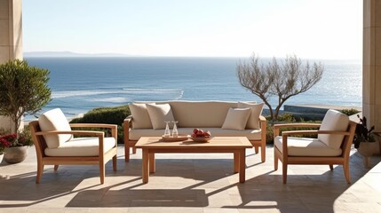 Contemporary Coastal Patio with Teak Furniture and Ocean View. Generative AI.