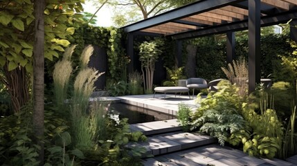 Obraz premium Contemporary Industrial Style Patio with Steel Pergola and Concrete Planters. Generative AI.