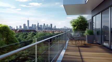 Contemporary Minimalist Style Patio with Glass Railings and City View. Generative AI.