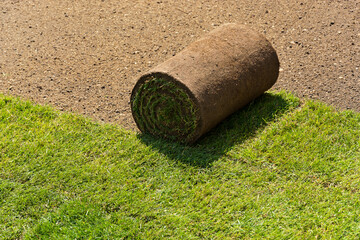 Close up shot of natural green grass turf roll. Laying rolls of grass sod for landscape design in the garden. Gardening concept. Copy-space.