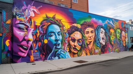 Expressive LGBTQ Pride Mural with Emotive Portraits and Vibrant Colors. Generative AI.