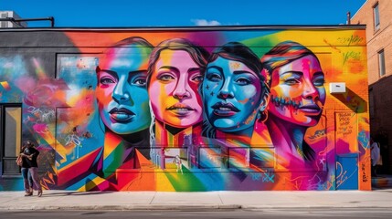 Expressive LGBTQ Pride Mural with Portraits of Diverse Individuals. Generative AI.