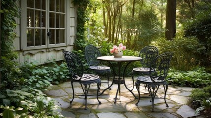 French Country Style Patio with Stone Flooring and Wrought Iron Furniture. Generative AI.