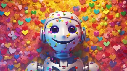 Happy Gay Robot Surrounded by Love and Hearts. Generative AI.