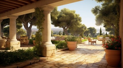 Mediterranean Style Patio with Stone Columns and Olive Trees. Generative AI.