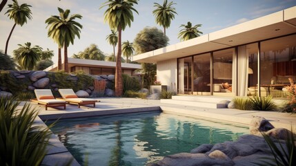 Mid-Century Modern Style Patio with Pool and Palm Trees. Generative AI.