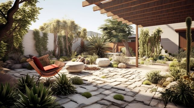 Mid-Century Modern Style Patio with Geometric Patterns and Succulent Garden. Generative AI.