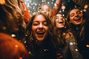 Group of young girls and boys friends celebrate New Year's Eve with drinking glasses. Generative AI