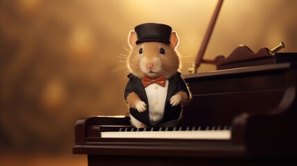 A dapper hamster wearing a bowtie, sitting at a mini piano and playing a charming tune with its paws - Generative ai