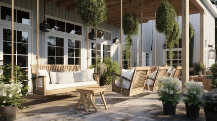 Modern Farmhouse Style Patio with Rustic Wood Accents and Hanging Planters. Generative AI.