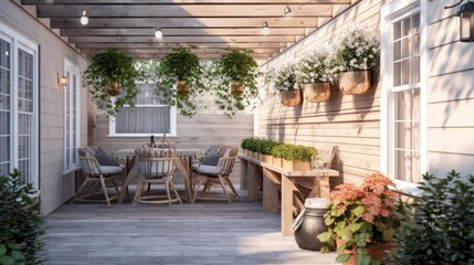 Fototapeta na wymiar Modern Farmhouse Style Patio with Rustic Wood Accents and Hanging Planters. Generative AI.