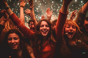 Group of young girls and boys friends celebrate New Year's Eve with drinking glasses. Generative AI