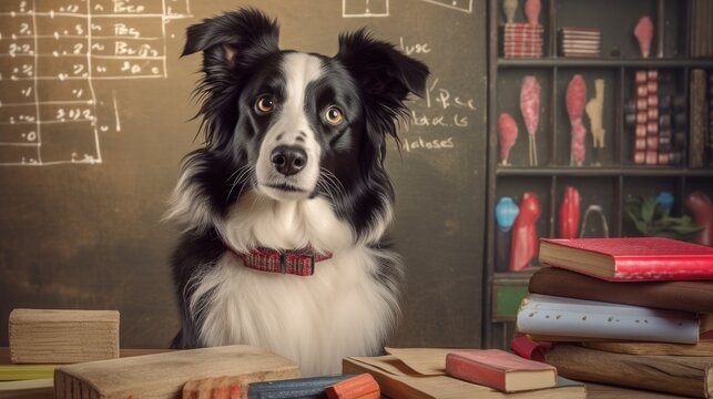 A smart Border Collie wearing glasses and holding a tiny chalkboard, playing the role of a teacher in a mini classroom setup with alphabet blocks - Generative ai
