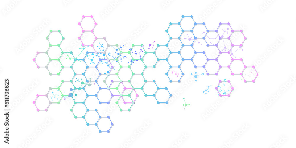 Poster abstract hexagonal molecular structures for design on topic of scientific research in field of chemi