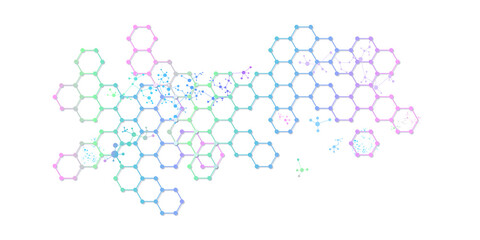 Abstract hexagonal molecular structures for design on topic of scientific research in field of chemistry, molecular biology and medicine. Transparent background