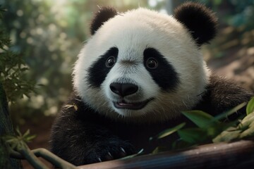 Fototapeta premium Close-up photo of panda in the rain. Generative AI
