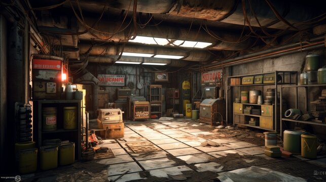 Post-apocalyptic underground bunker with armory and survival room. Generative AI.