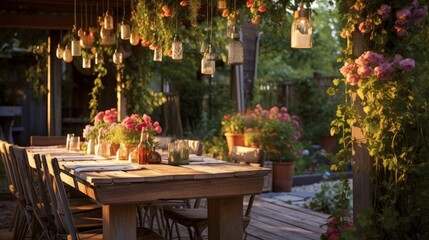 Rustic Outdoor Dining Area with Hanging Lanterns and Colorful Flowers. Generative AI.
