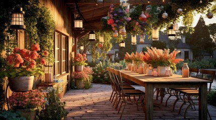 Fototapeta na wymiar Rustic Outdoor Dining Area with Hanging Lanterns and Colorful Flowers. Generative AI.