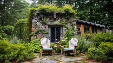 Fototapeta na wymiar Rustic Style Patio with Stone Fireplace and Adirondack Chairs. Generative AI.
