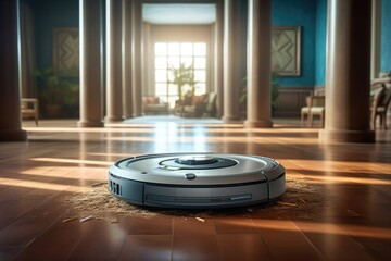 Photo of a robot vacuum cleaner sweeping and cleaning floors in the room. Generative AI