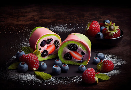 watermelon and kiwi wrapped in pink mamenori topped with fresh blueberries. Generative Ai