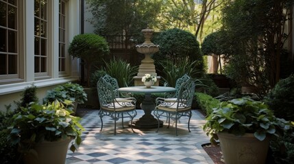 Traditional English Style Patio with Wrought Iron Furniture and Garden Fountains. Generative AI.