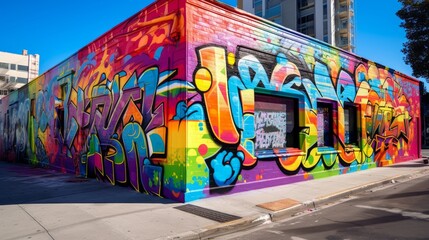 Obraz premium Urban LGBTQ Pride Mural with Bold Typography and Cityscape Background. Generative AI.