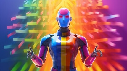 Vibrant Gay Robot Surrounded by Pride Flags. Generative AI.
