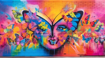 Whimsical LGBTQ Pride Mural with Colorful Butterflies and Flowers. Generative AI.