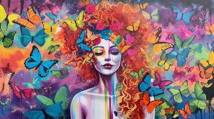 Whimsical LGBTQ Pride Mural with Colorful Butterflies and Flowers. Generative AI.