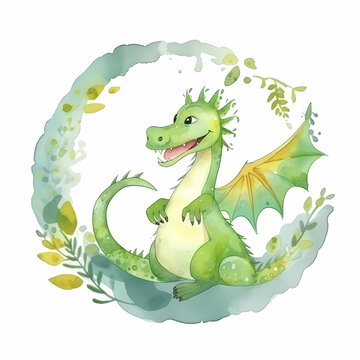Cute watercolor dragon in green. Symbol of the year 2024. Cartoon character. Illustration. AI Generated.