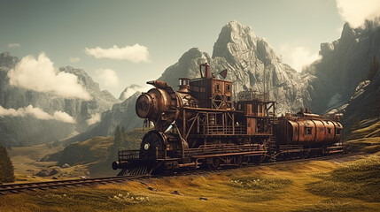 Fototapeta premium steam trainboat, generative, ai, steampunk, retro, vintage