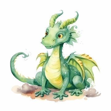 Green dragon. Symbol of the year 2024. Cartoon character. watercolor illustration. AI Generated.