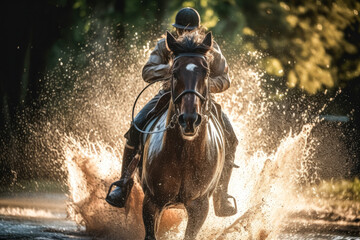 Fototapeta na wymiar Brown horse running through water, horse splashing water. Generative Ai.