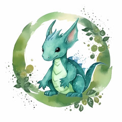 Green dragon. Symbol of the year 2024. Cartoon character. watercolor illustration.