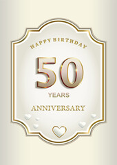 Anniversary 50th years, greeting card with hearts in an elegant curly frame, festive background, vector design for celebration, invitation, congratulation