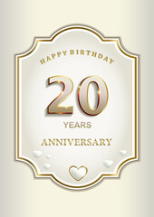 Anniversary 20th years, greeting card with hearts in an elegant curly frame, festive background, vector design for celebration, invitation, congratulation