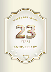 Anniversary 23th years, greeting card with hearts in an elegant curly frame, festive background, vector design for celebration, invitation, congratulation