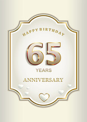 Anniversary 65th years, greeting card with hearts in an elegant curly frame, festive background, vector design for celebration, invitation, congratulation