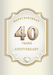 Anniversary 40th years, greeting card with hearts in an elegant curly frame, festive background, vector design for celebration, invitation, congratulation